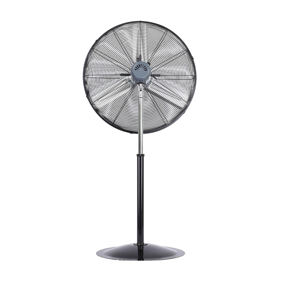 Detalle de las aspas metálicas y parrilla en espiral del ventilador industrial MYTEK 3421 230W 8815 CFM