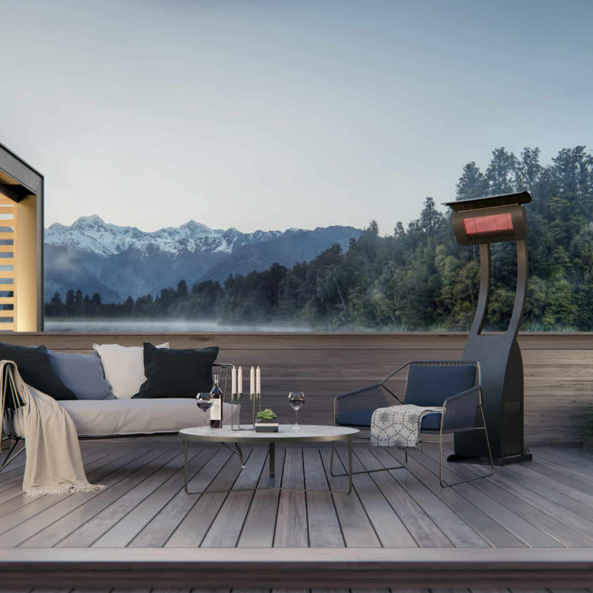 Calefactor portátil Tungsten 500 utilizado en terraza residencial al aire libre