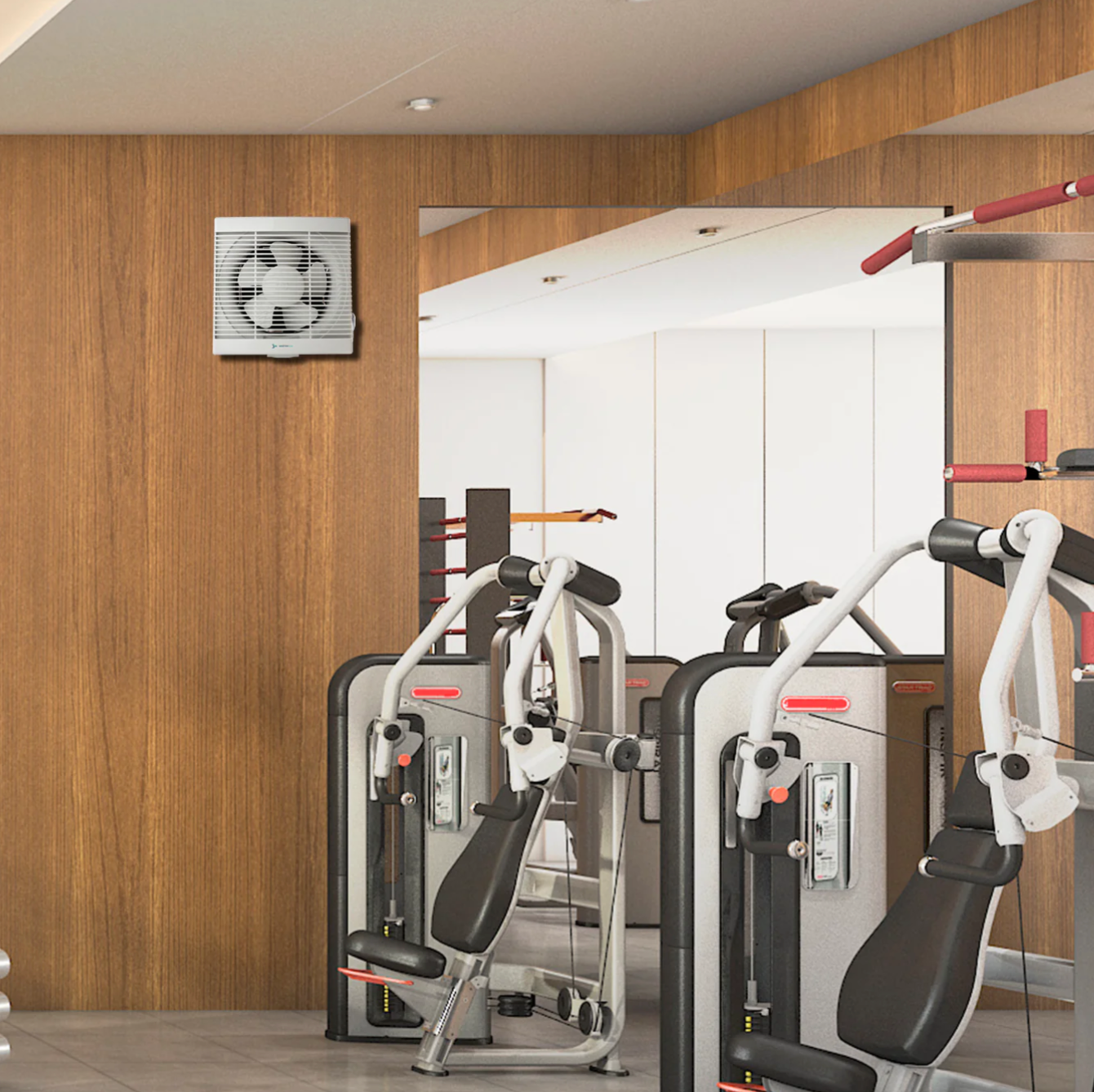 Extractor Géminis Blanco funcionando en gimnasio o área cerrada
