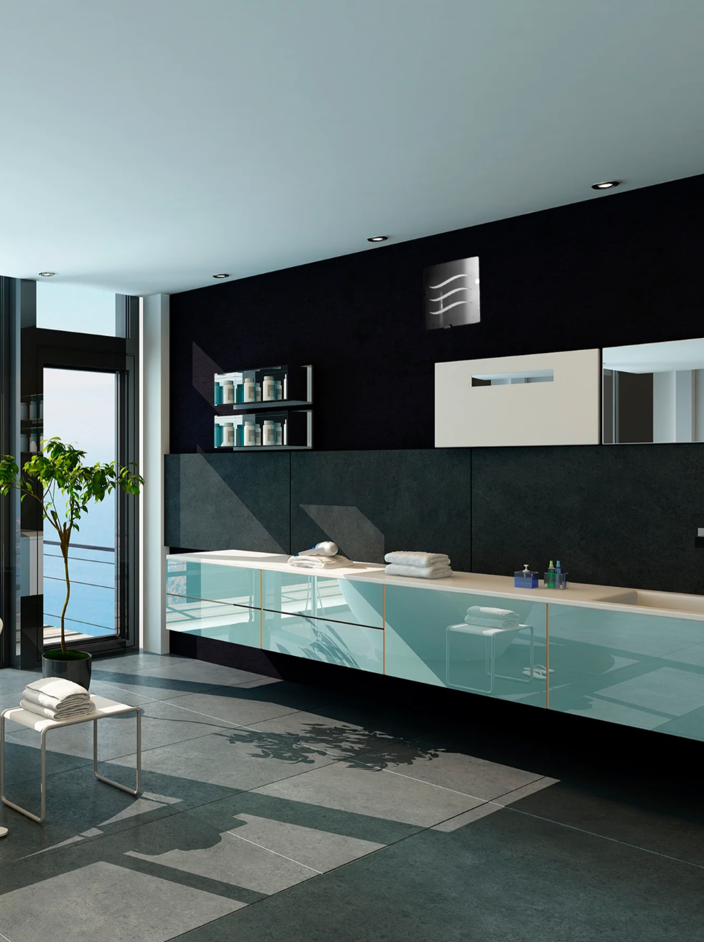 Extractor Platino 4 " satinado en ABS, silencioso y eficiente para eliminar humedad y olores. Instalado en baño moderno