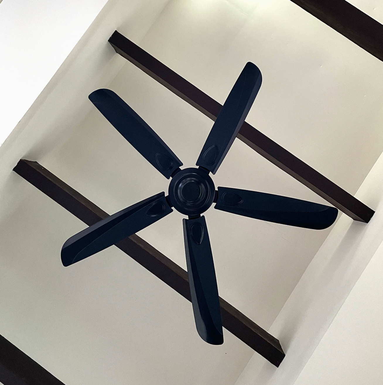 Ventilador Velvet 52″ Negro a prueba de agua funcionando en espacio semi-exterior