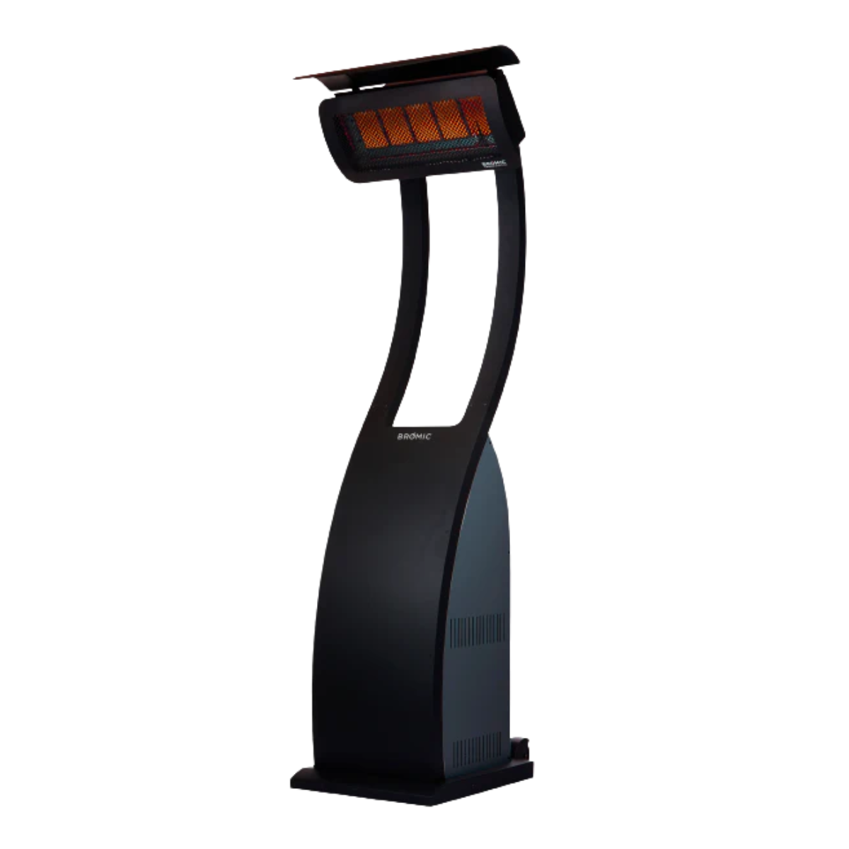 Vista frontal del calefactor portátil Bromic Tungsten 500 con ruedas