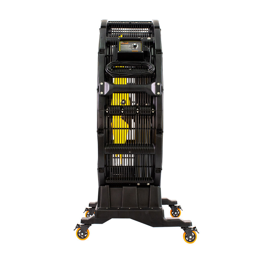 Vista lateral del ventilador MYTEK 3410, carcasa resistente y agarradera de transporte